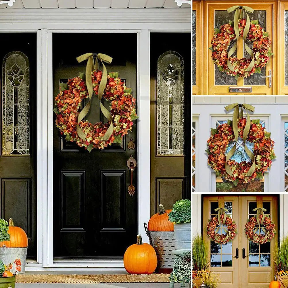 Thanksgiving Hydrangea & Bowknot Front Door Wreath