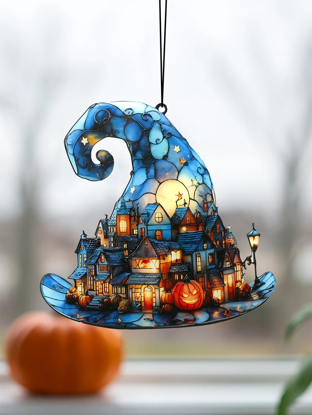 Halloween Witch Hat & Pumpkin Acrylic Window Ornament