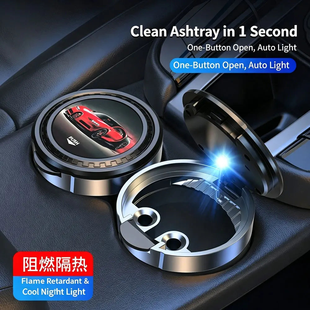 LED Car Ashtray with Lid & One-Key Opening