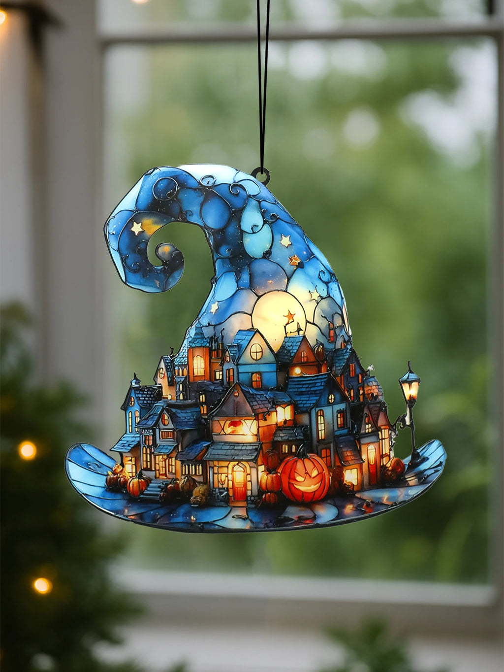 Halloween Witch Hat & Pumpkin Acrylic Window Ornament