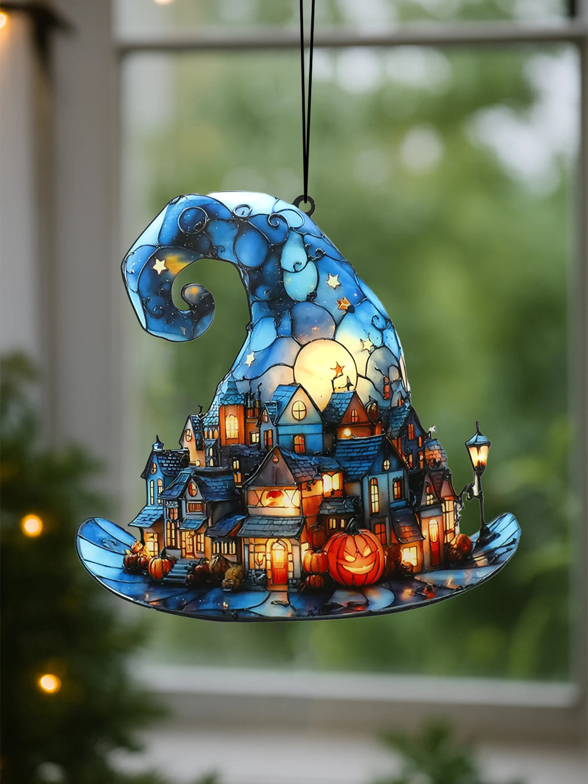 Halloween Witch Hat & Pumpkin Acrylic Window Ornament
