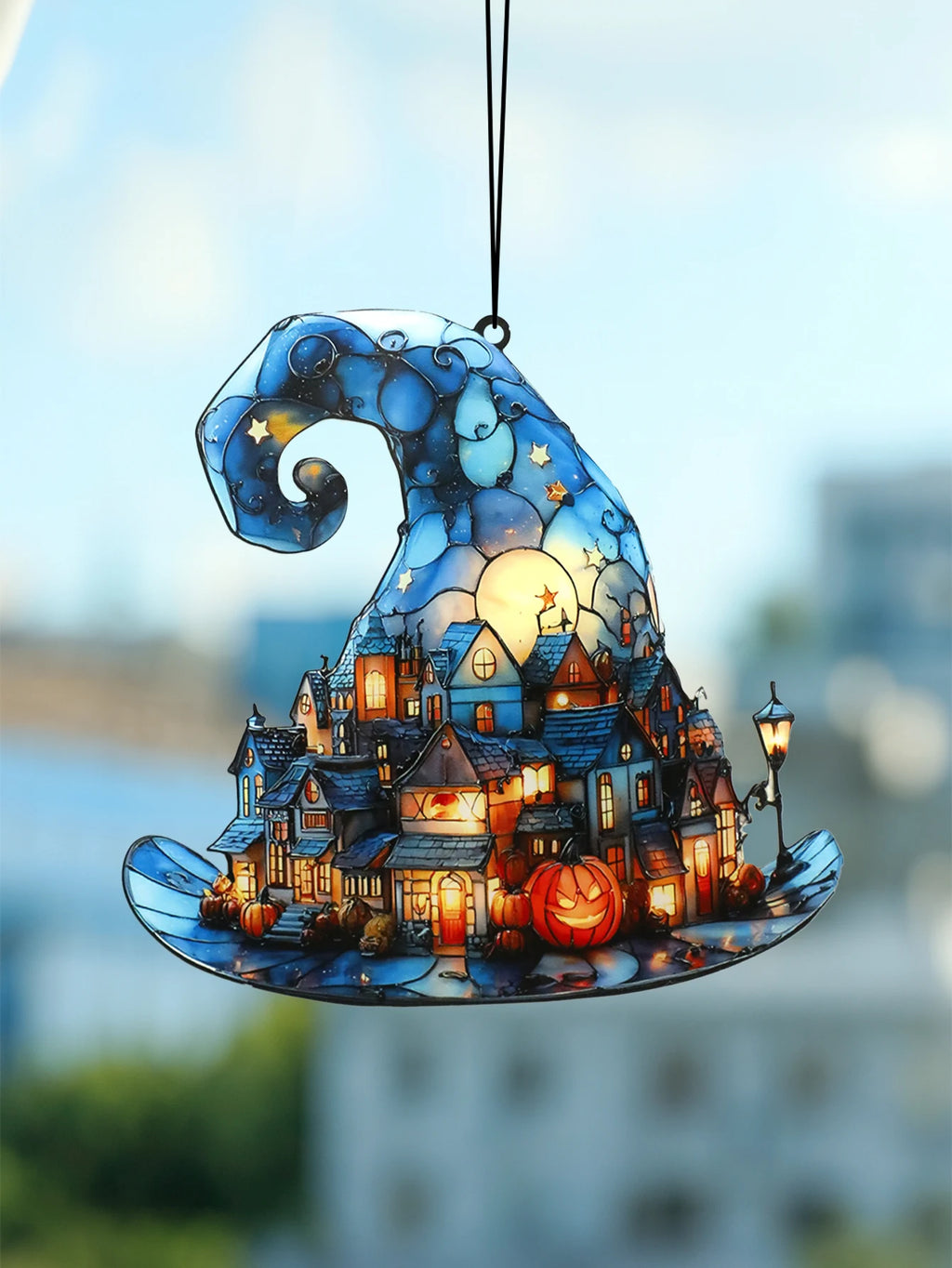 Halloween Witch Hat & Pumpkin Acrylic Window Ornament