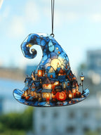 Halloween Witch Hat & Pumpkin Acrylic Window Ornament