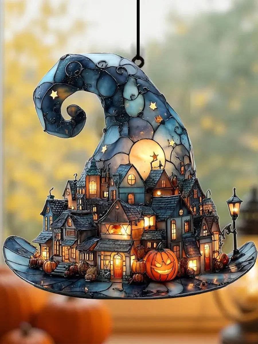 Halloween Witch Hat & Pumpkin Acrylic Window Ornament