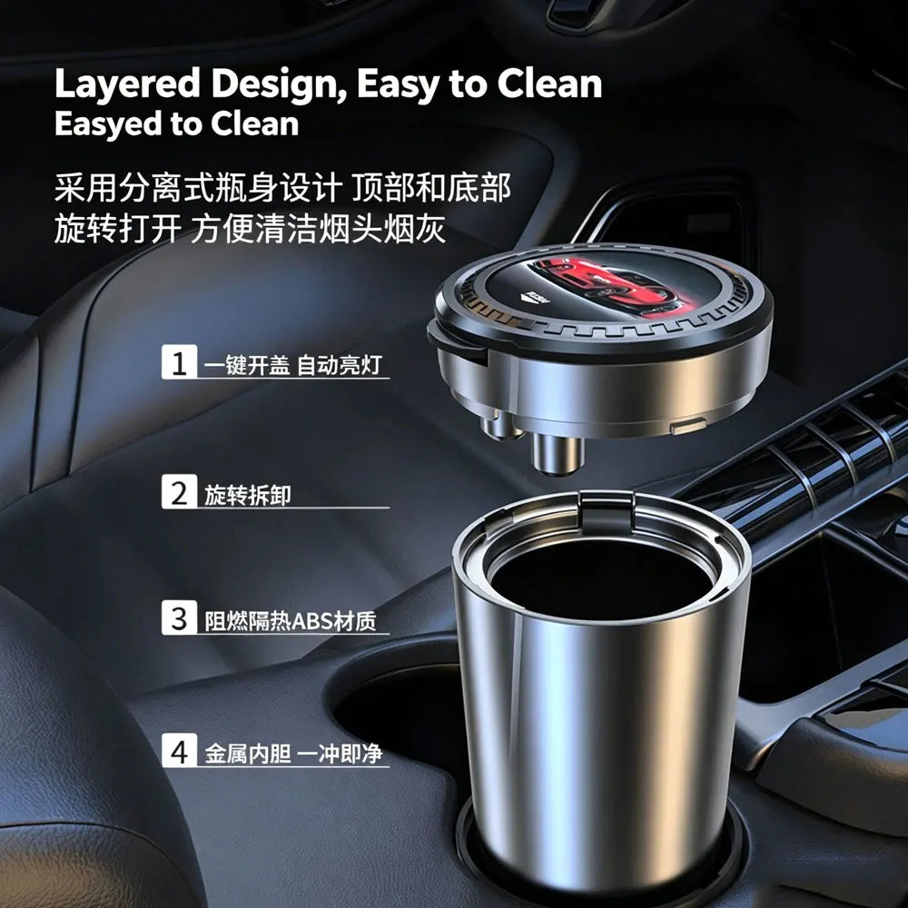 LED Car Ashtray with Lid & One-Key Opening